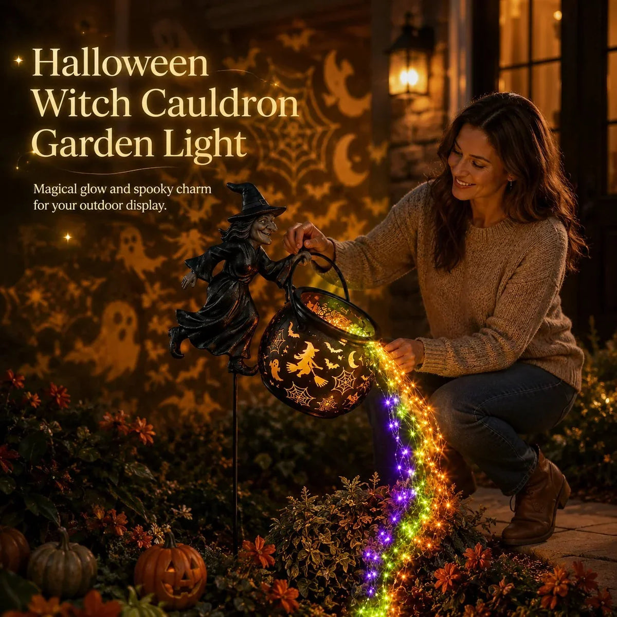 Halloween witch cauldron garden light glowing at night with cascading rainbow stream