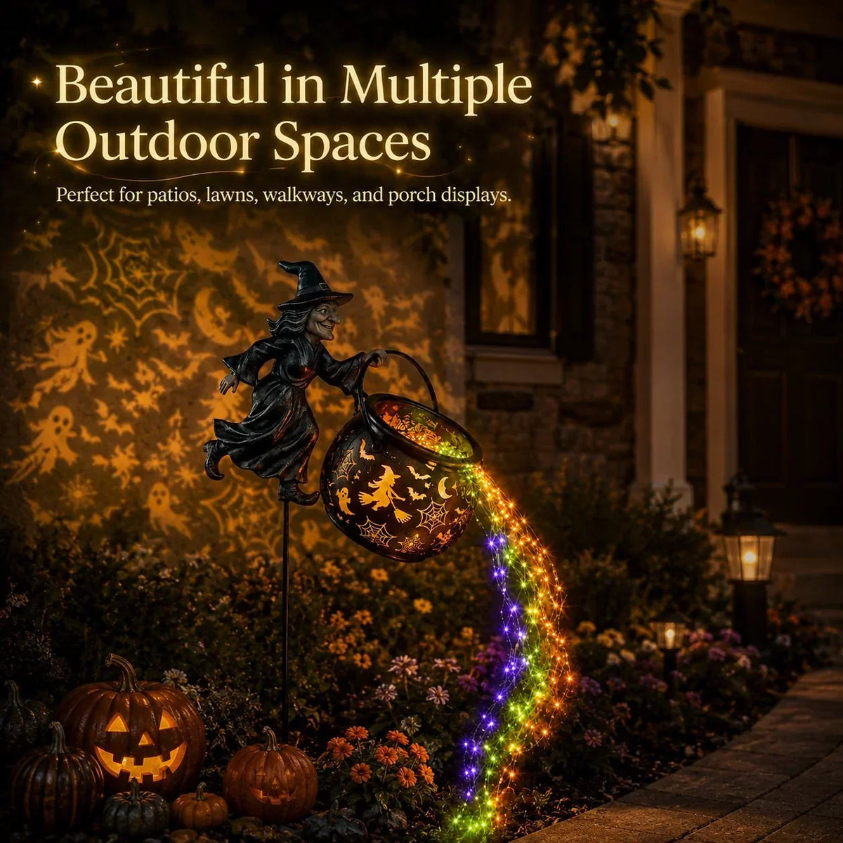 Halloween witch cauldron light in porch and patio outdoor spaces