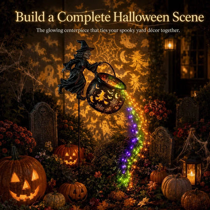 Halloween scene with witch cauldron light pumpkins and tombstones